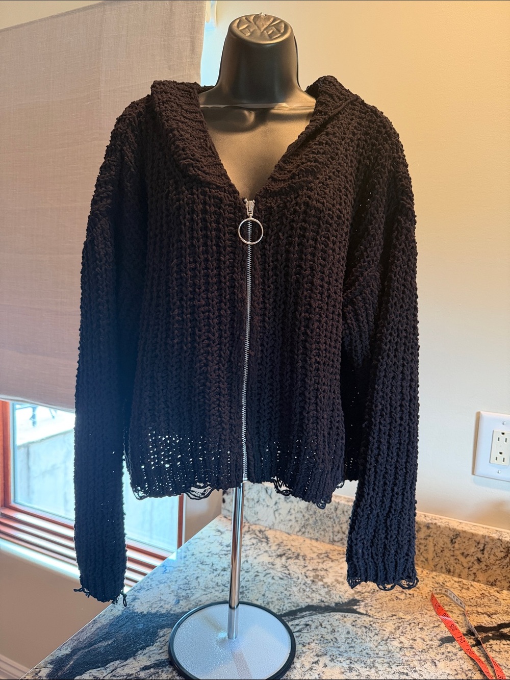 Daytrip Black Chunky Hooded Zip-Up Cardigan Sweater